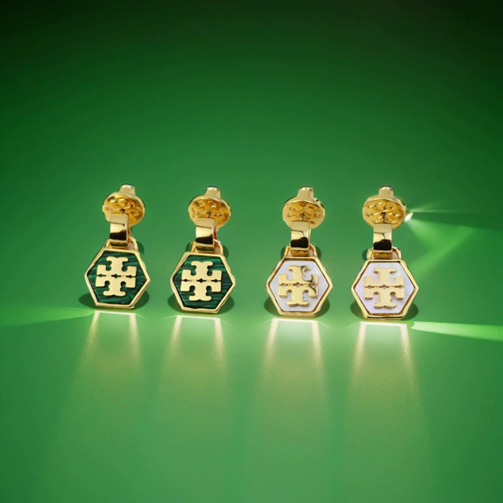 Tory Burch Bafeng Polished Mother of Pearl Turquoise Hexagon Stud Earrings